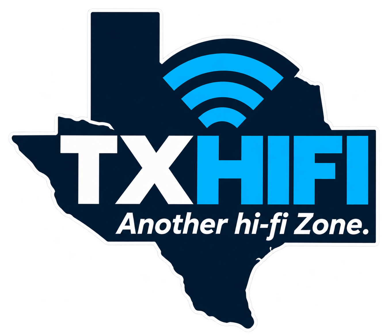 TX HIFI logo with Texas outline, Wi-Fi arcs and Another hi-fi Zone tagline